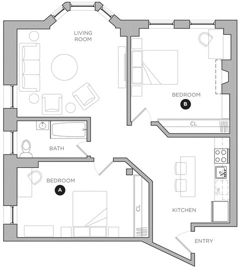 Floor plan for 2 beds, 1 bath, 615 sqft